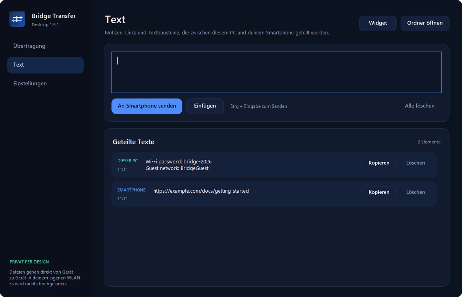 Die Text-Seite der Desktop-App mit geteilten Notizen