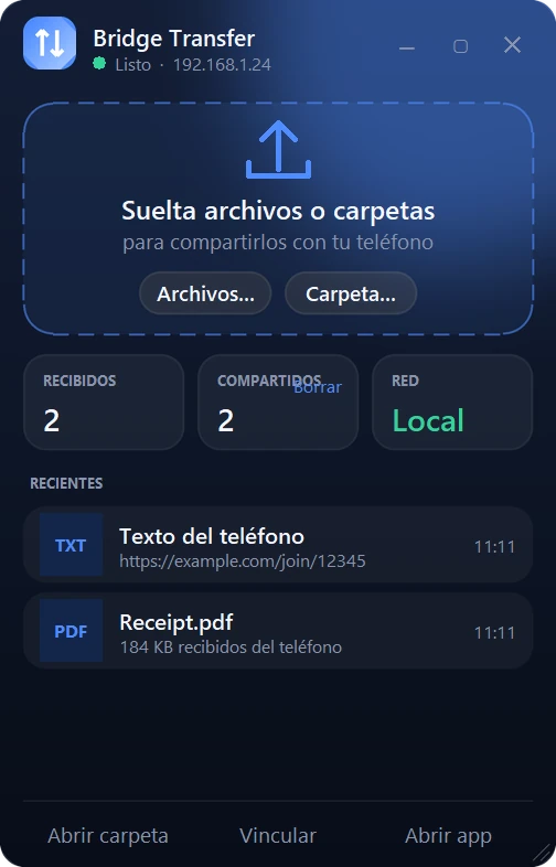 El widget de escritorio de Bridge Transfer