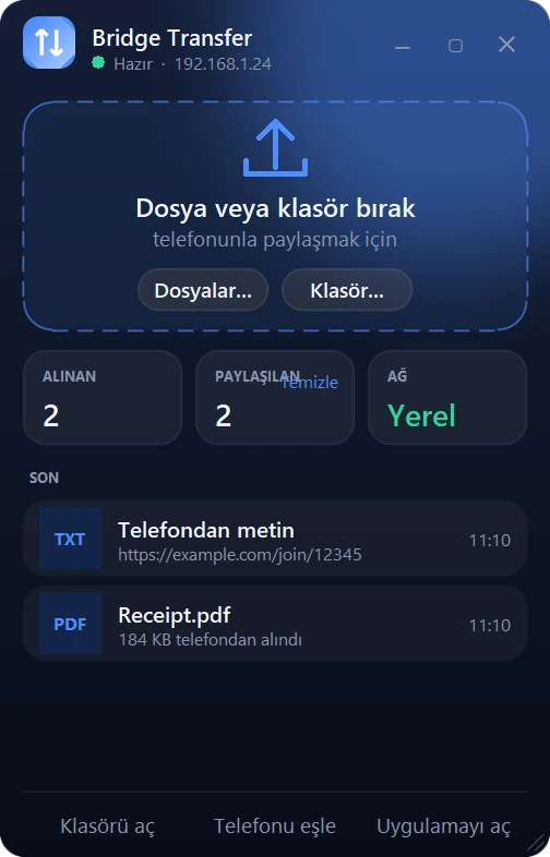 Bridge Transfer masaüstü widget’ı